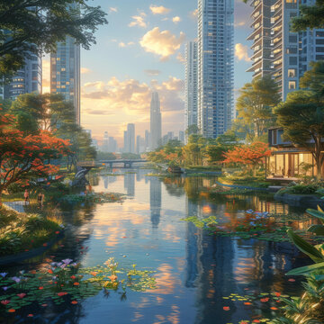 城市河道兩岸的現(xiàn)代建筑與自然景觀