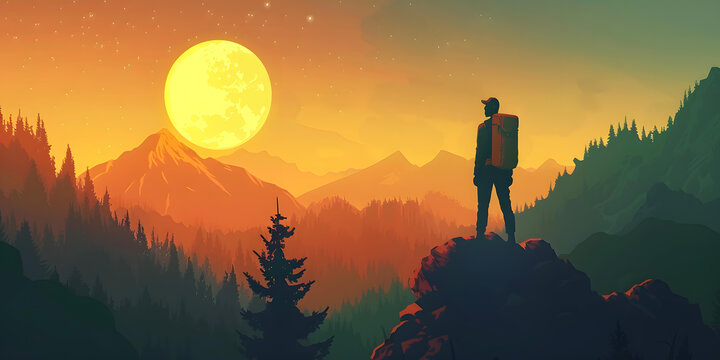 夕陽下滿月映照山頂上的登山者