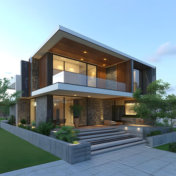 現(xiàn)代建筑住宅外觀設(shè)計(jì)，石墻木梁