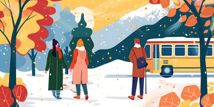 冬天雪景中的人和電車