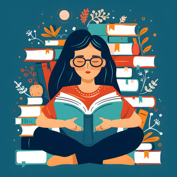 女孩坐在書堆里看書