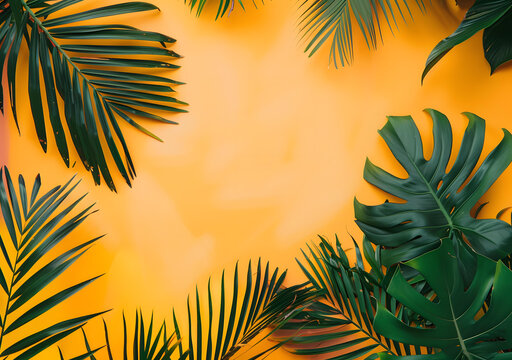 熱帶植物葉子背景, 黃色的背景, 綠色棕櫚葉
