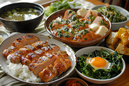 日式料理：烤三文魚、菠菜和雞蛋