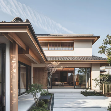 現(xiàn)代日式風(fēng)格住宅帶石頭小路和綠化