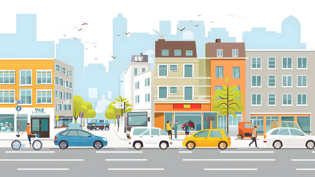城市街道，建筑、汽車和人物
