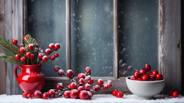 飄雪窗臺(tái)上的紅色漿果