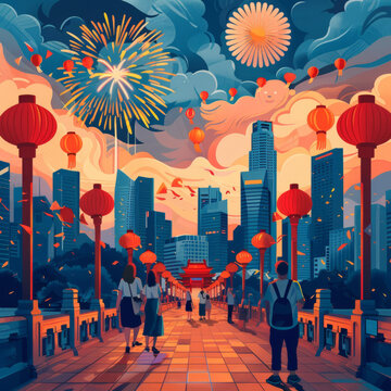 城市橋上煙火盛放