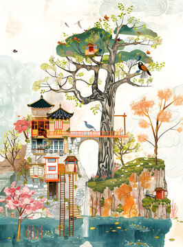 樹屋，鳥兒和花朵
