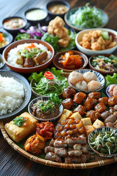 越南美食拼盤：米飯、豆腐、肉類和蔬菜