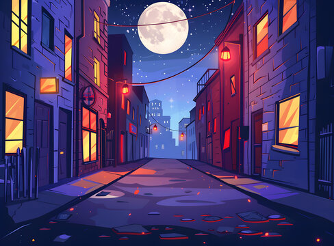 夜晚的街道，滿月高懸