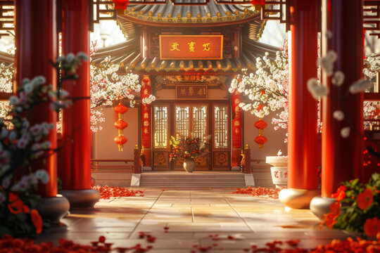 中國(guó)庭院紅燈籠粉花