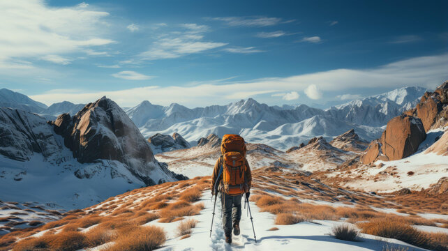 獨自一人背著背包在雪山徒步旅行的男人