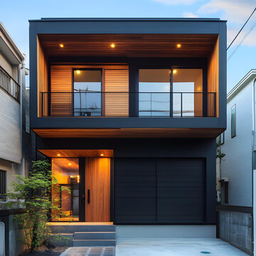 現(xiàn)代木質(zhì)裝飾黑色外墻兩層住宅