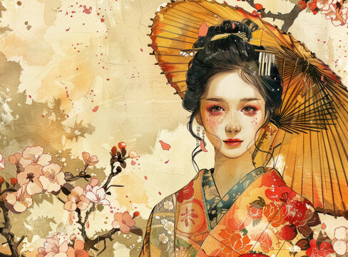 身穿和服撐傘的美麗日本藝伎站在櫻花樹下