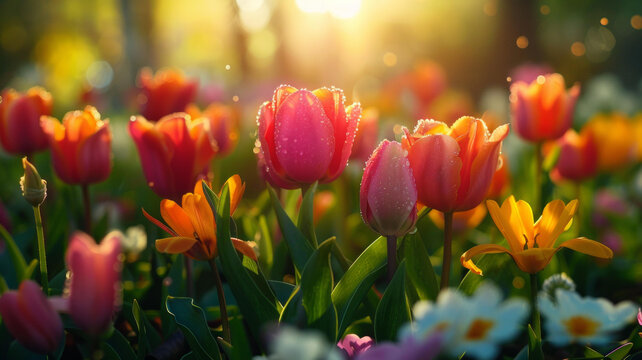 郁金香花海在清晨的陽光下