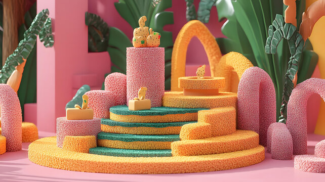 3D渲染抽象仙人掌花園場景
