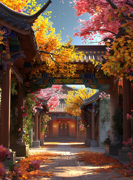 中國傳統(tǒng)庭院秋景