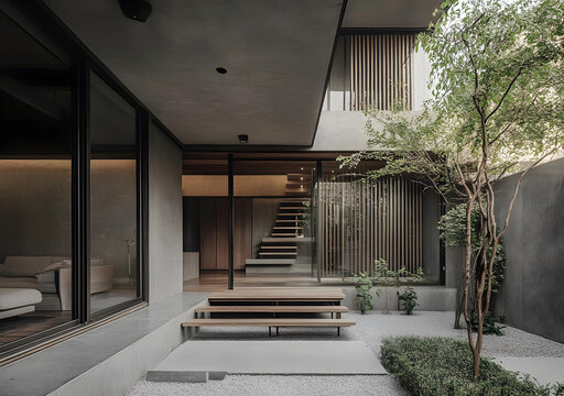 極簡現(xiàn)代建筑設(shè)計 灰色水泥墻 木質(zhì)樓梯 庭院景觀