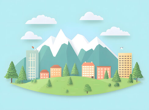 紙藝風(fēng)格城市景觀與山脈背景