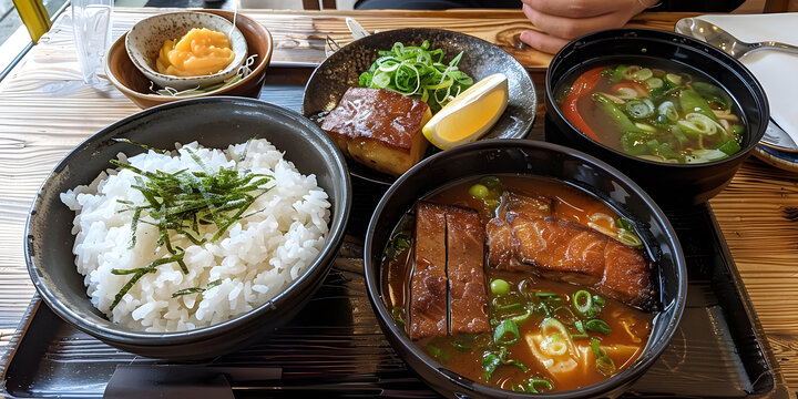 日式料理套餐，包含蒸魚、米飯、湯和檸檬
