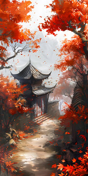 秋葉紅楓古色古香的中國式庭院