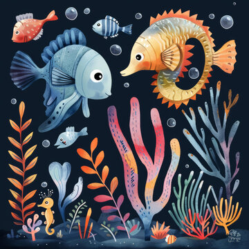 海底世界與可愛的卡通魚和海洋植物