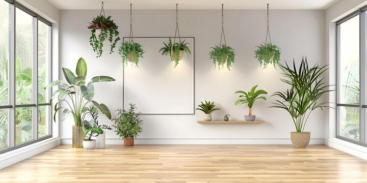 簡約現(xiàn)代風(fēng)格的空房間，帶吊籃植物