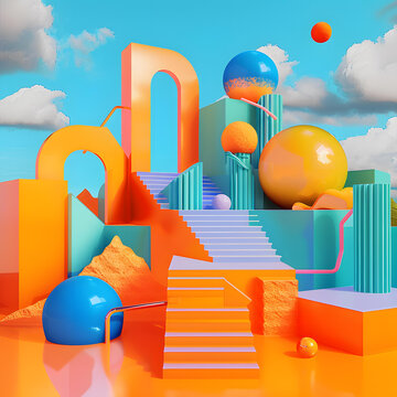 多彩幾何圖形和樓梯的抽象3D
