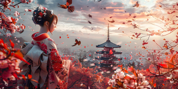 身穿和服的女子站在一片紅花田里，背景中有一座寶塔