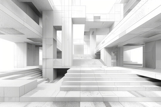 一座布魯塔利主義建筑的渲染圖