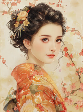 身穿和服的美麗日本女性和櫻花