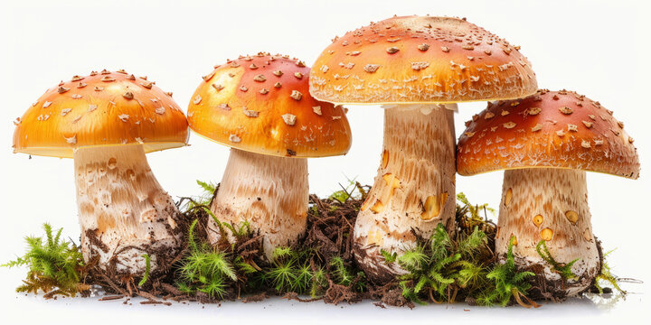 四朵橙色蘑菇菌蓋上布滿了白色斑點