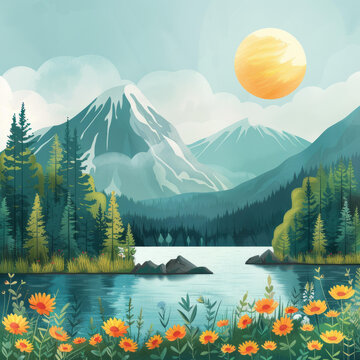 寧靜的山湖和夏日的盛開的花朵