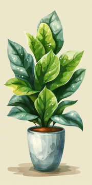 水彩盆栽植物