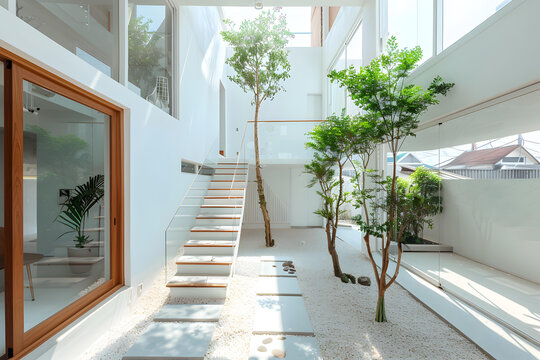 現(xiàn)代簡約風格室內(nèi)設(shè)計，玻璃樓梯和室內(nèi)花園