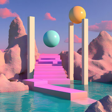 粉色階梯與漂浮球體及粉彩色山脈的抽象 3D 渲染