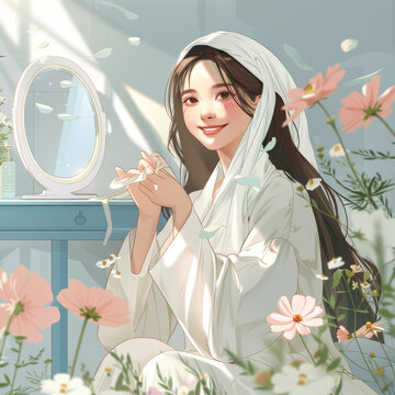 一個(gè)美麗的女人坐在花田里