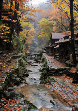 秋日日本村莊河流風(fēng)景