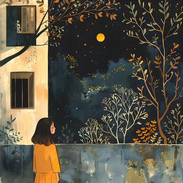 一個(gè)女孩在陽(yáng)臺(tái)上凝望夜空