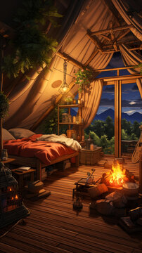 山林間的帳篷小屋壁爐與落地窗外的美景