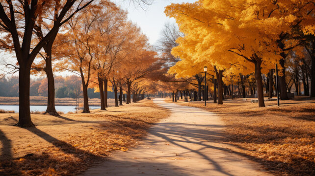 公園里秋天的景色樹木和人行道