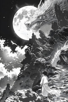 一個男孩抬頭仰望天空飛翔的巨龍