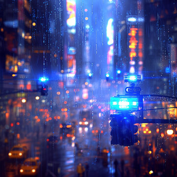 雨夜城市景觀與警車燈光
