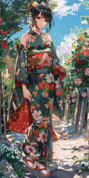 穿著和服的日本女性在花園里