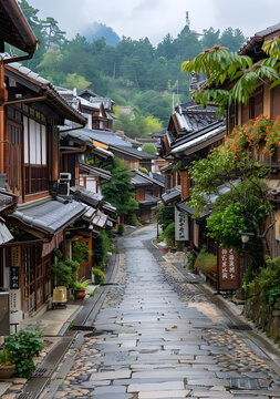 日本傳統(tǒng)村莊的石板路