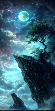 夢(mèng)幻般的月色風(fēng)景：站在懸崖邊的人，月光，繁星，云朵和一棵樹