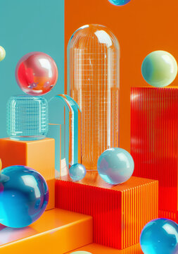 炫彩幾何圖形與球體3D渲染