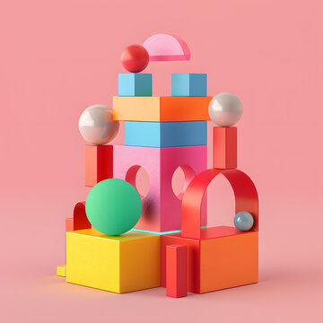 粉色背景下的抽象幾何形狀和球體 3D 渲染