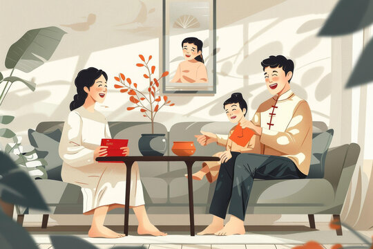 幸福的一家人坐在客廳沙發(fā)上其樂融融
