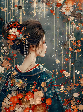 身穿美麗花卉圖案和服的女子